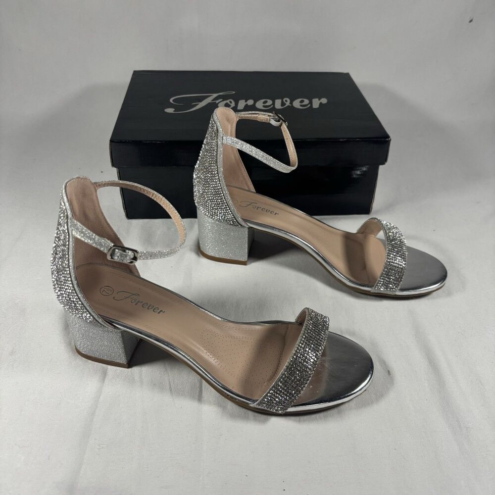Forever Nataly-10 Silver Rhinestone Block Heel Sandals Womens 7.5 Ankle Strap